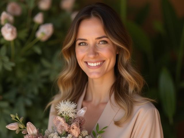 Porträt der Gründerin von Orion Flora inmitten von Blumen und Kristallen.